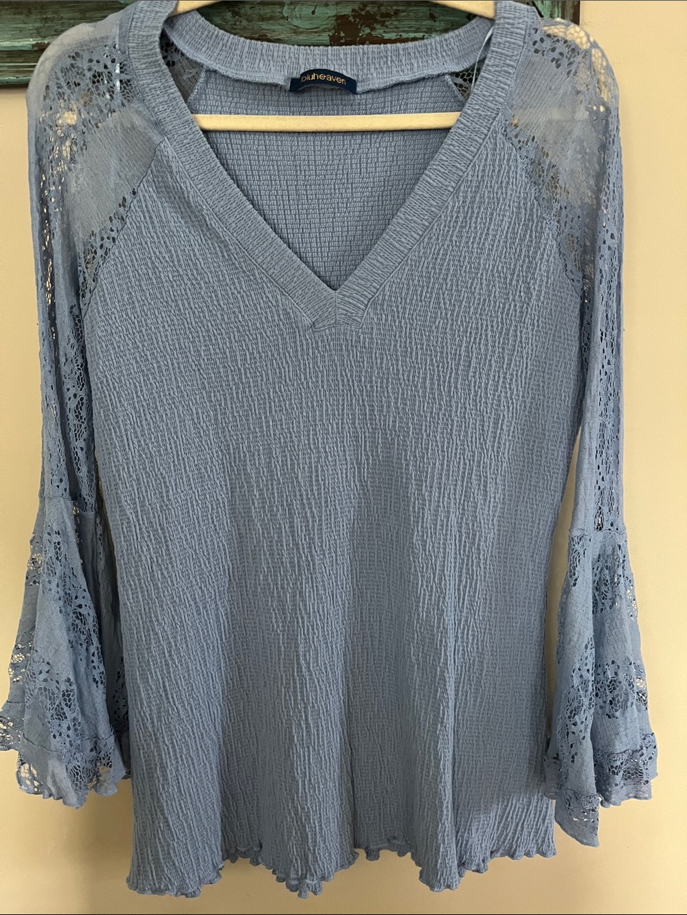 Light Blue V-Neck Lace Sleeve Women's Blouse